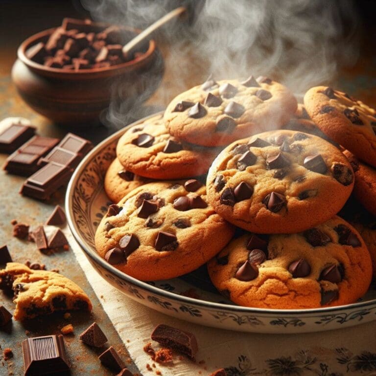 A rustic wooden table with a plate of freshly baked chocolate chip cookies.