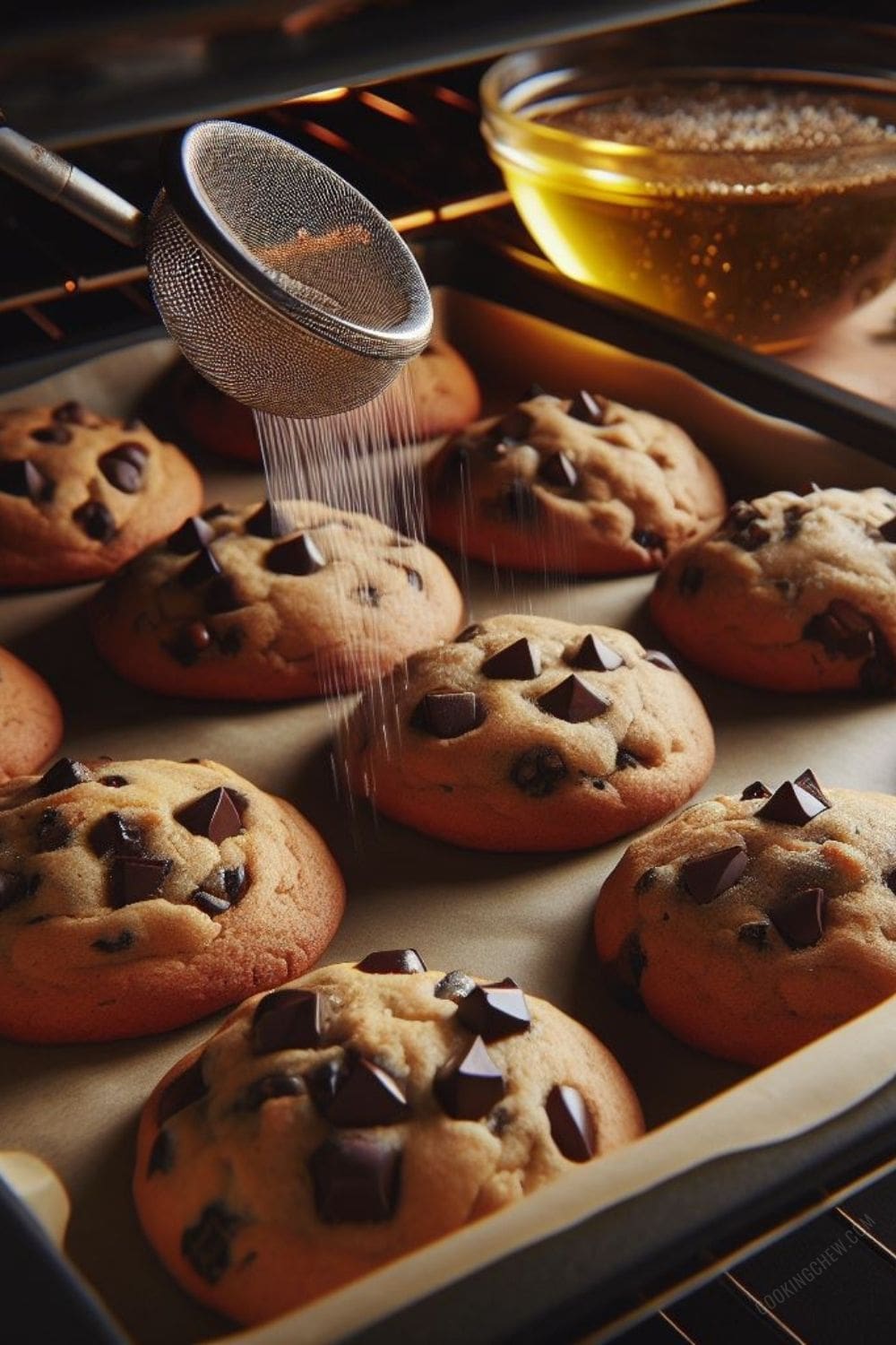 A close-up photo of chocolate chip cookies on a baking sheet dusted with powdered sugar.