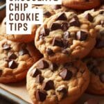 A stack of golden brown chocolate chip cookies on a baking sheet.