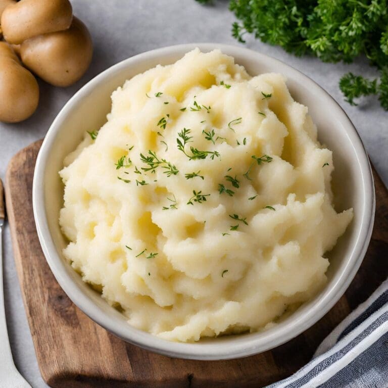 A close-up shot of a bowl of mashed potatoes garnished with parsley.