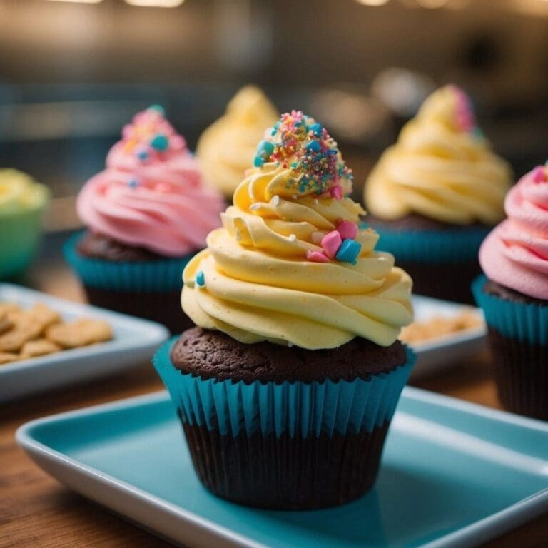 A close-up photo of a cupcake with colorful rainbow sprinkles on a blue plate.