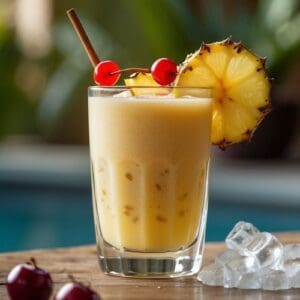 A photo of a glass of spiced rum piña colada with a pineapple slice and cherries on a table next to a pool.