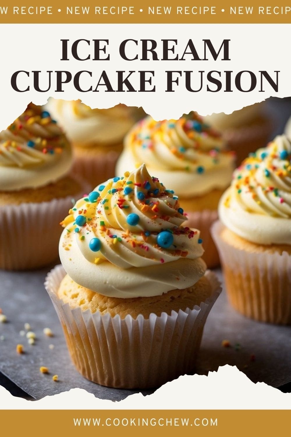 A close-up photo of four ice cream cupcakes decorated with colorful frosting and sprinkles.