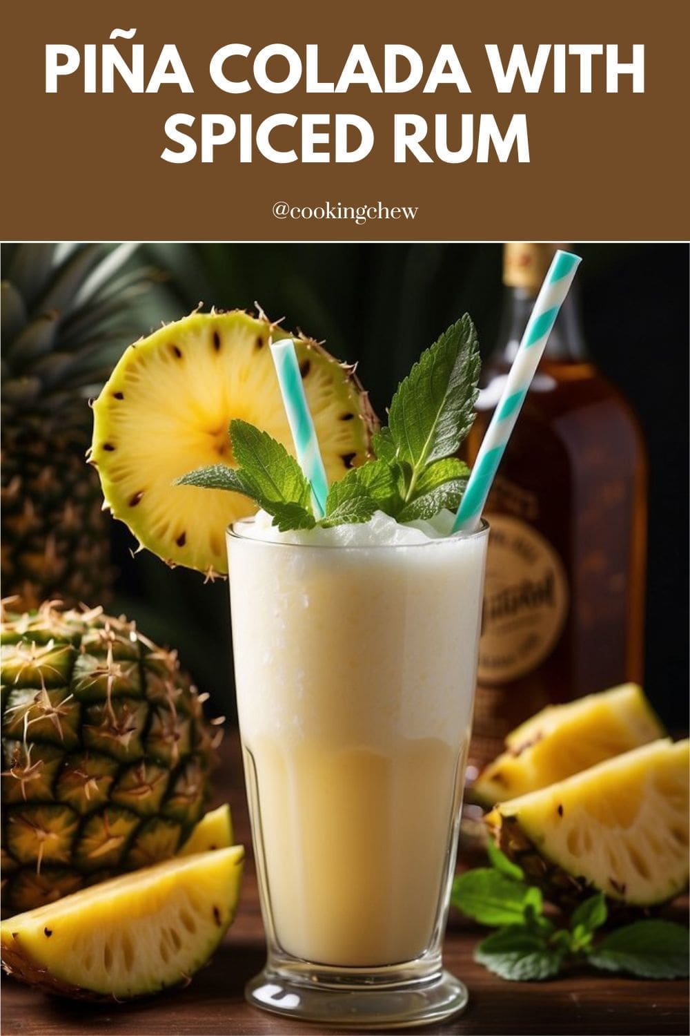 A glass of piña colada with spiced rum and pineapple slices on a wooden table.