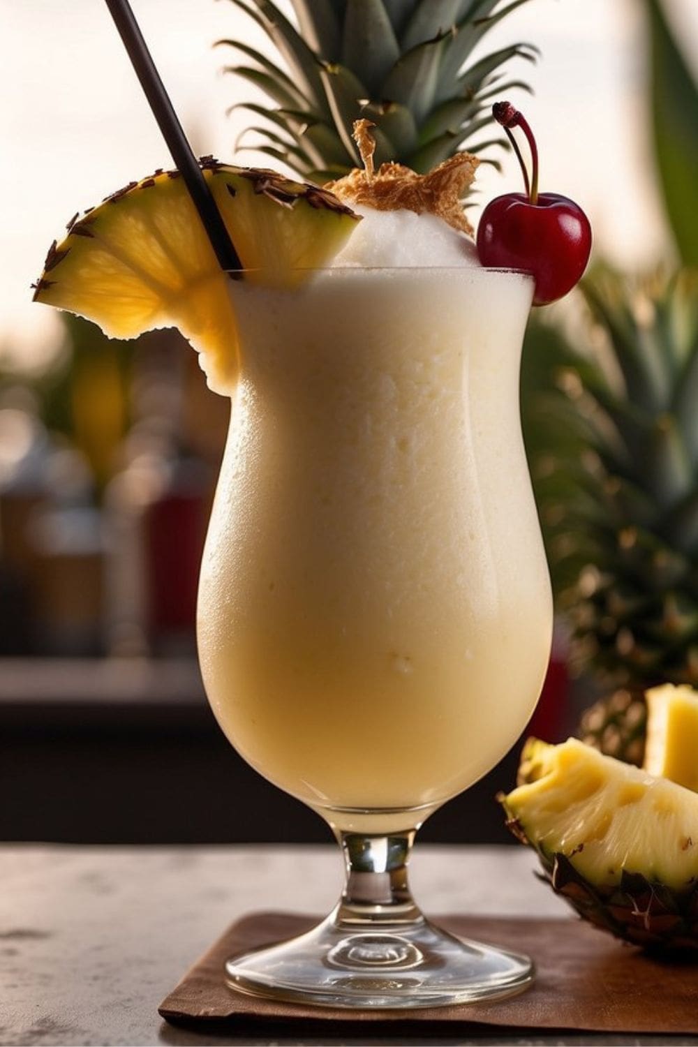 A photo of a refreshing and tropical spiced rum pi&ntilde;a colada.