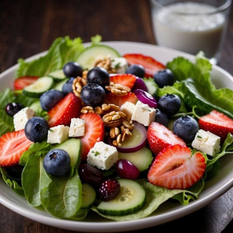 A close-up photo of a salad with mixed greens, blueberries, cucumbers, and feta cheese.
