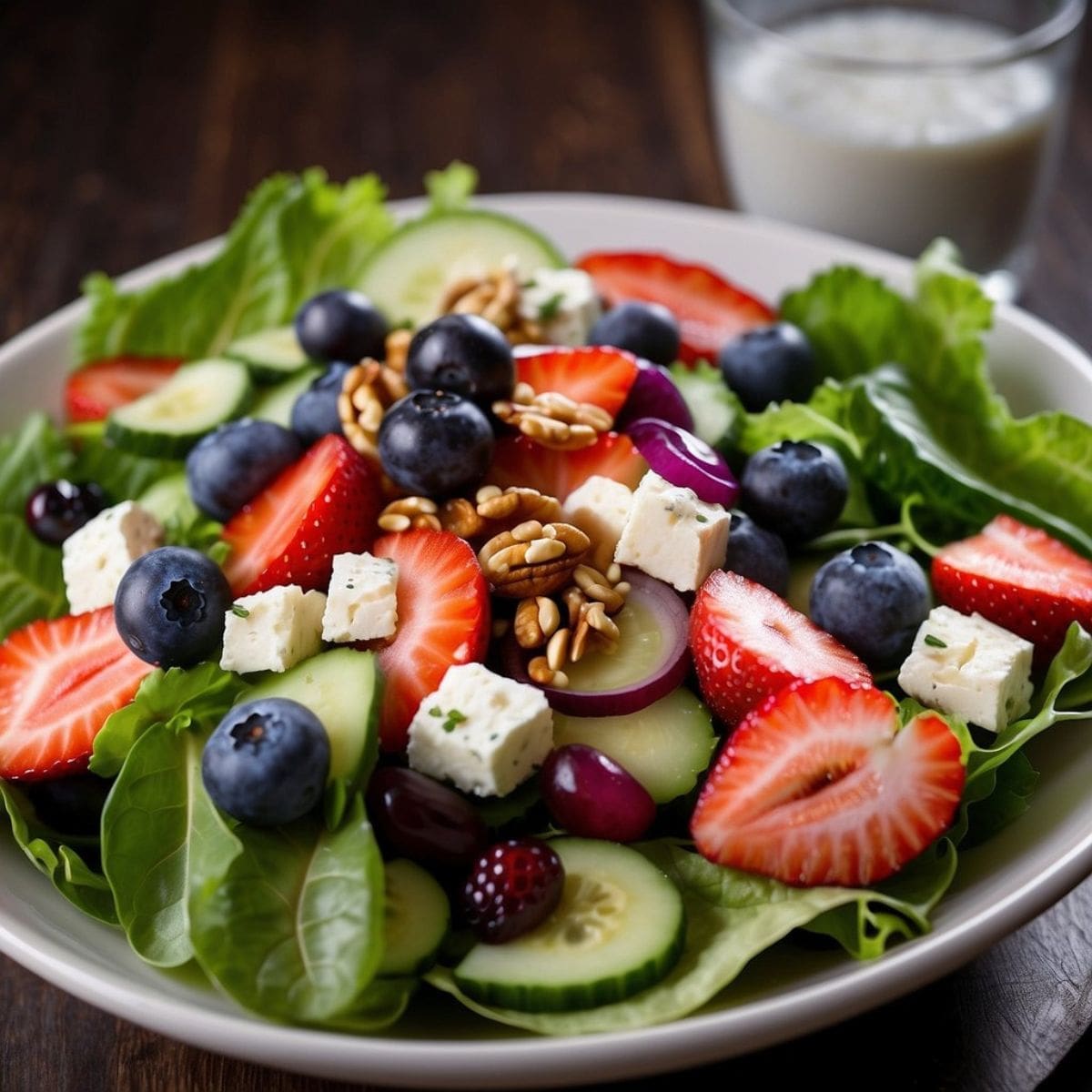 A close-up photo of a salad with mixed greens, blueberries, cucumbers, and feta cheese.