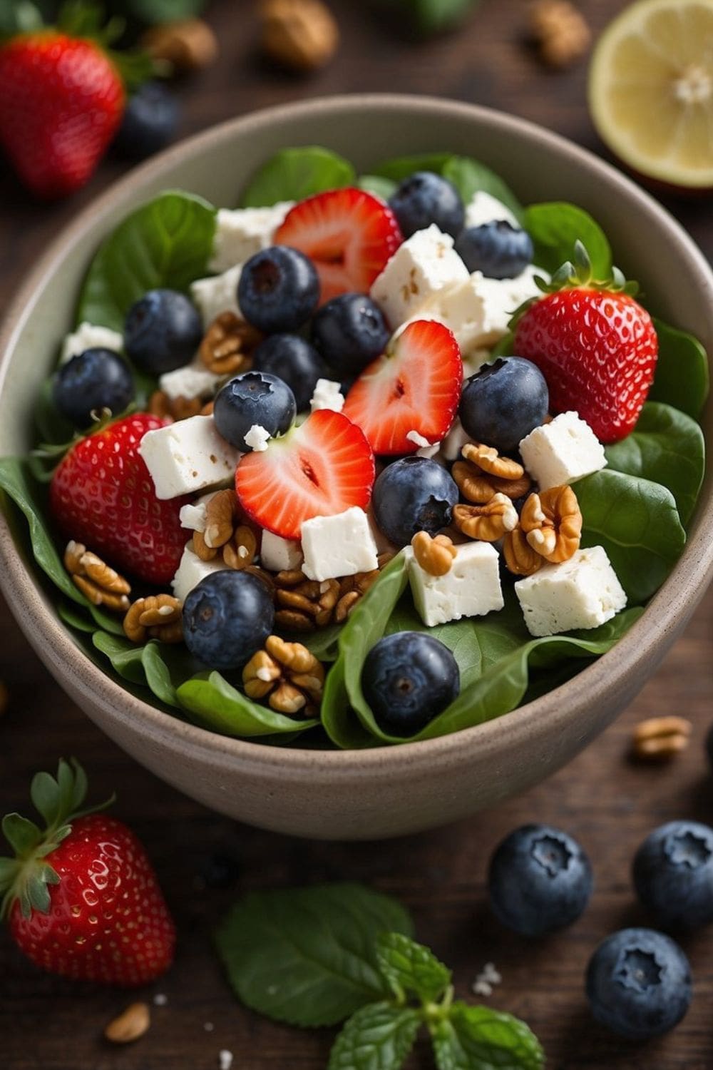 A photo of a delicious summer salad made with mixed greens, spinach, fresh strawberries, blueberries, crumbled feta cheese, and chopped walnuts. 