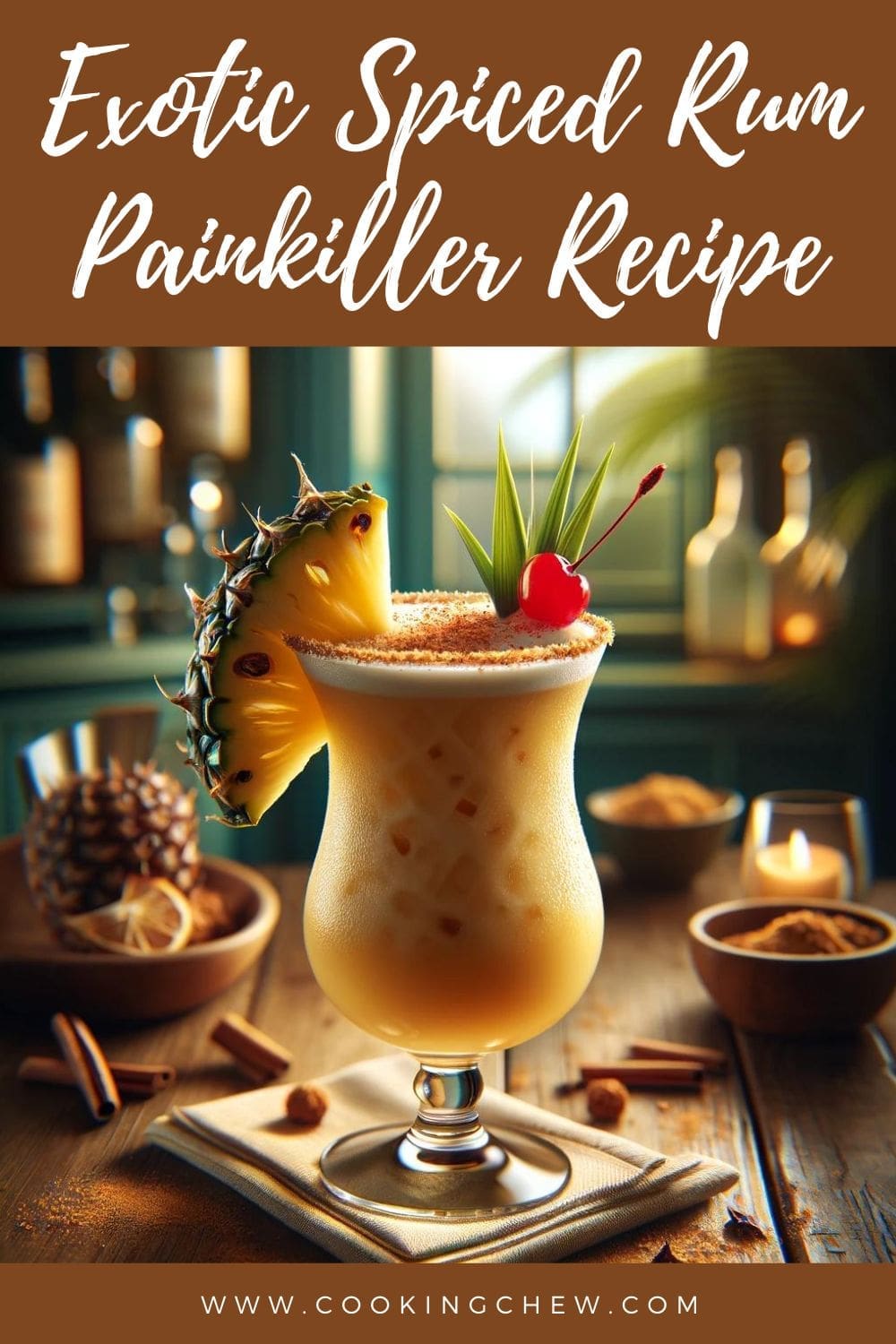 A close-up photo of a glass filled with a spiced rum painkiller.