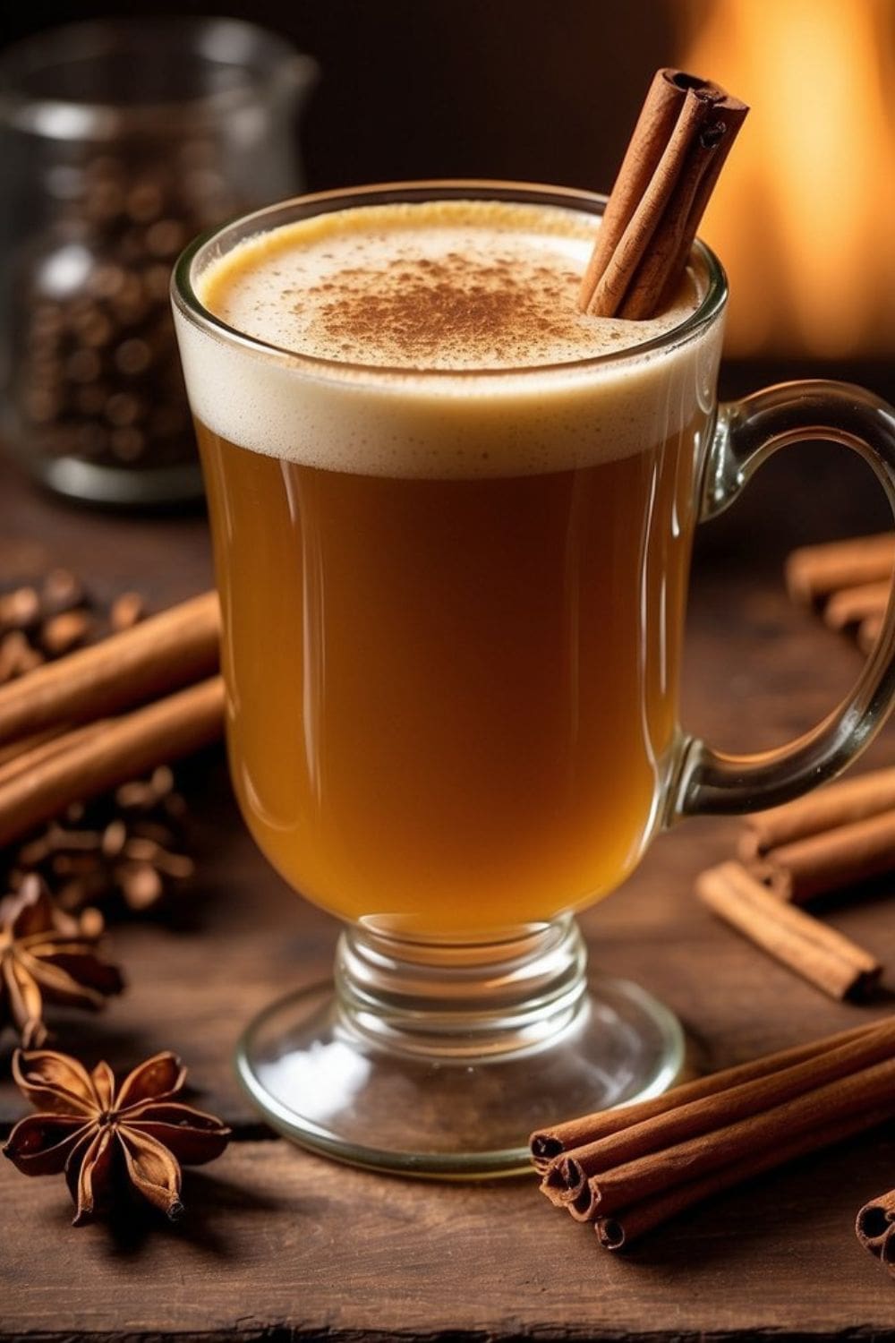 A steaming cup of spiced butter rum with spices on a wooden table.