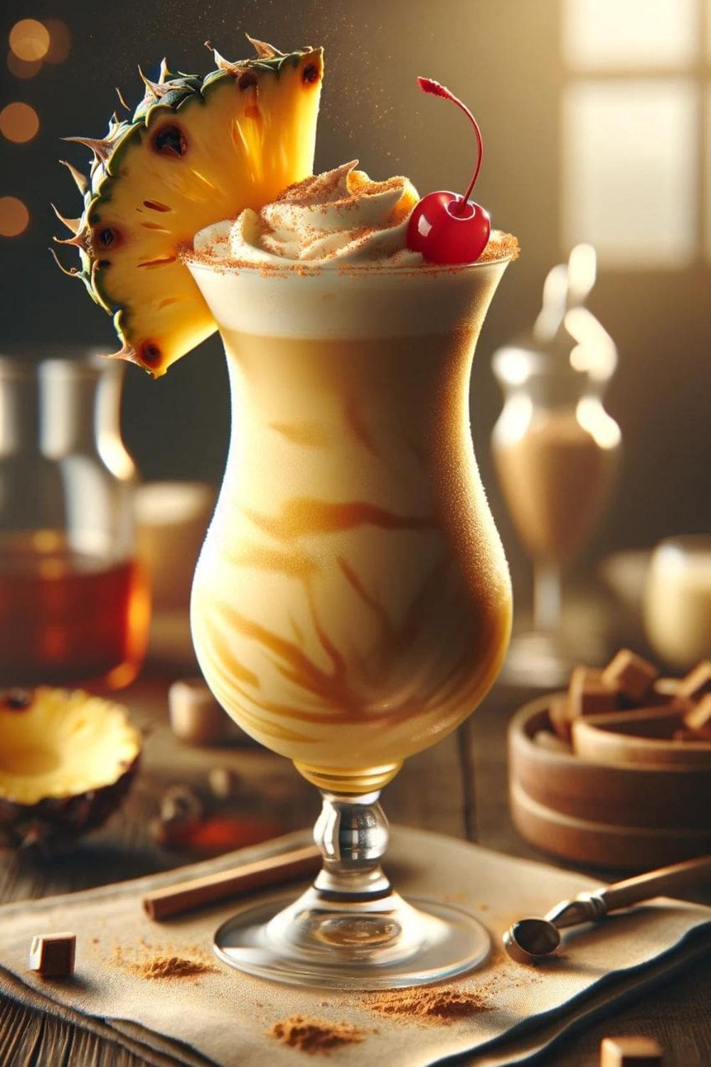 A close-up photo of a glass filled with a spiced rum painkiller cocktail.