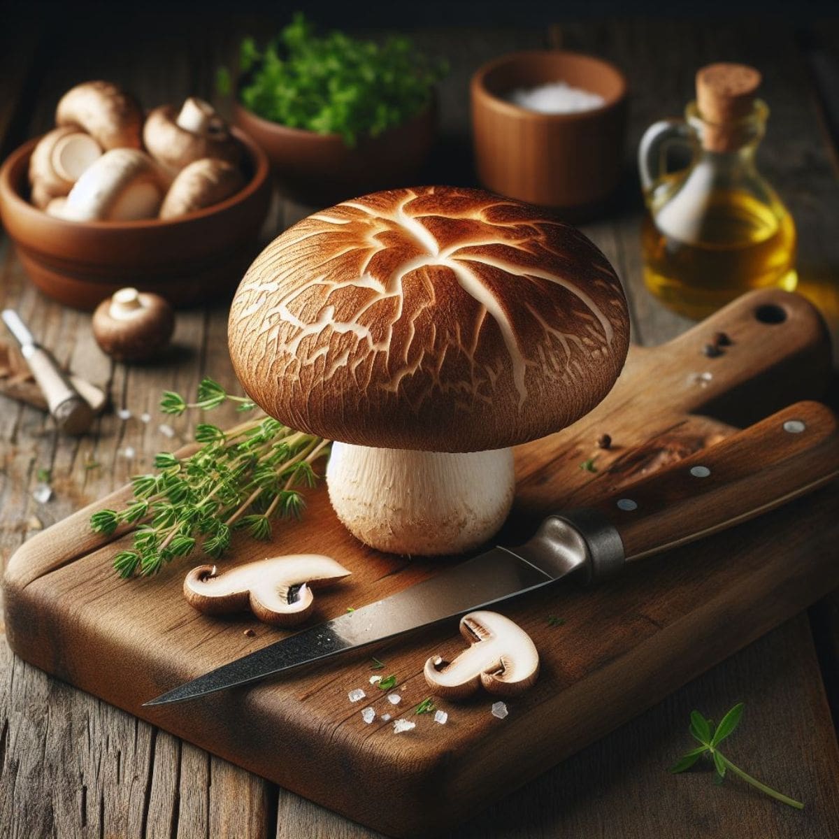 A single shiitake mushroom sits on a wooden cutting board.