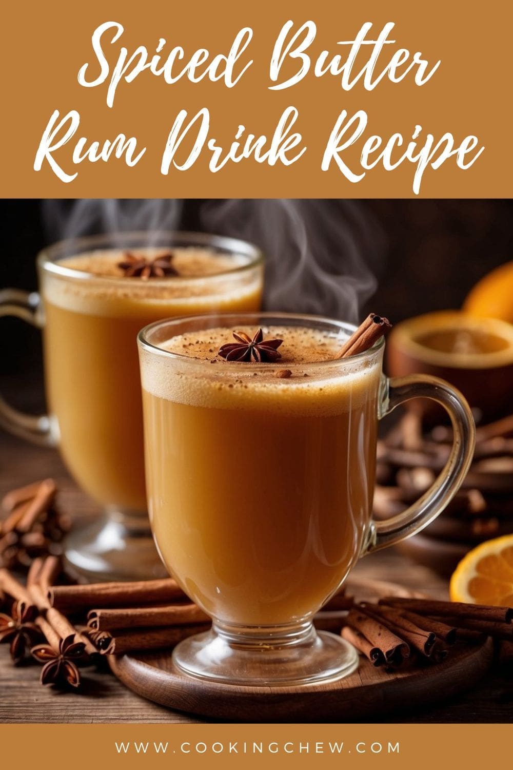 A photo of a spiced butter rum recipe with rum, cinnamon, spices, and other ingredients.
