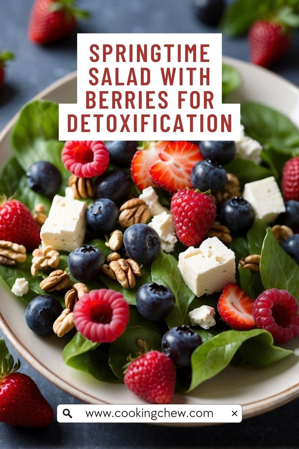 A close-up photo of a salad with spring greens, spinach, blueberries, strawberries, and feta cheese. 
