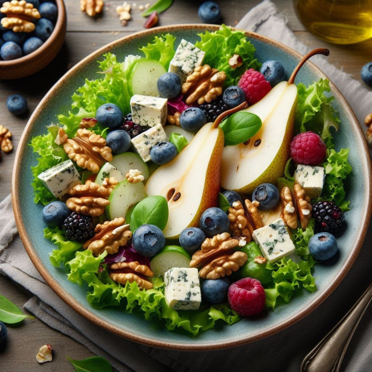 A colorful salad with sliced pears, blueberries, nuts, and gorgonzola cheese crumbles in a wooden bowl on a table.