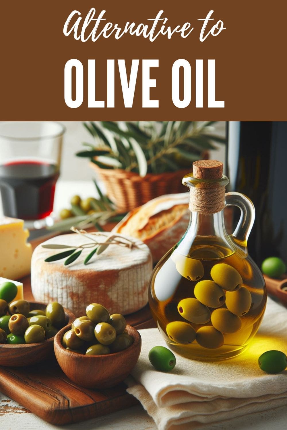 A bottle of olive oil sits on a table next to bowls of olives and cheese.