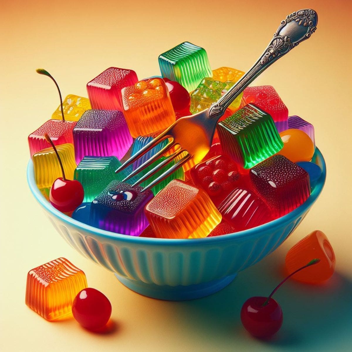 A blue bowl filled with colorful jelly cubes. A stainless steel fork rests on the edge of the bowl.