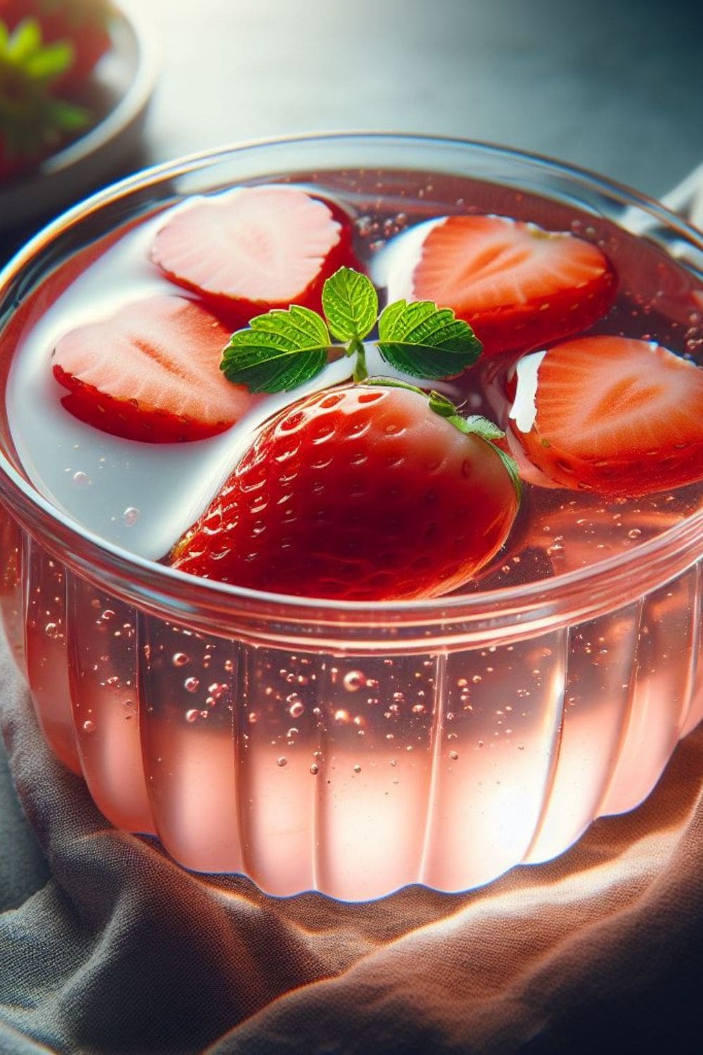 A glass bowl filled with red strawberry Jello and mint leaves.