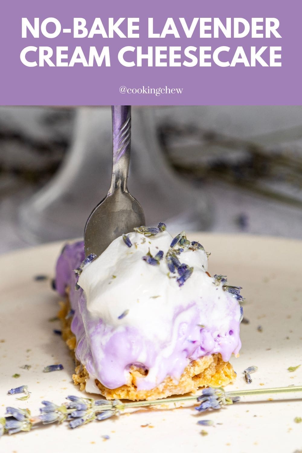 A close-up photo of a slice of no-bake lavender cheesecake being lifted on a fork.