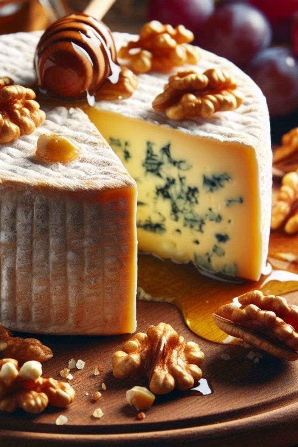A close-up image of a slice of gorgonzola cheese on a wooden table.