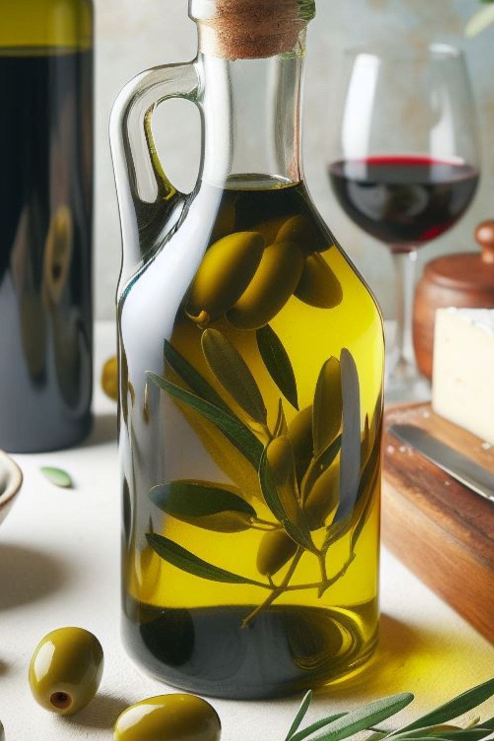 A bottle of olive oil with a green label sits on a table next to a glass of red wine and a bowl of green olives.