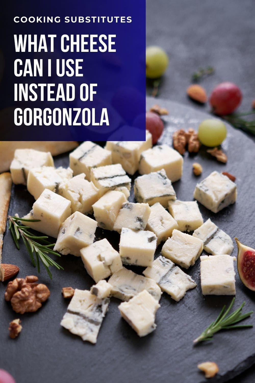 A close-up image of a cutting board with slices of gorgonzola cheese.