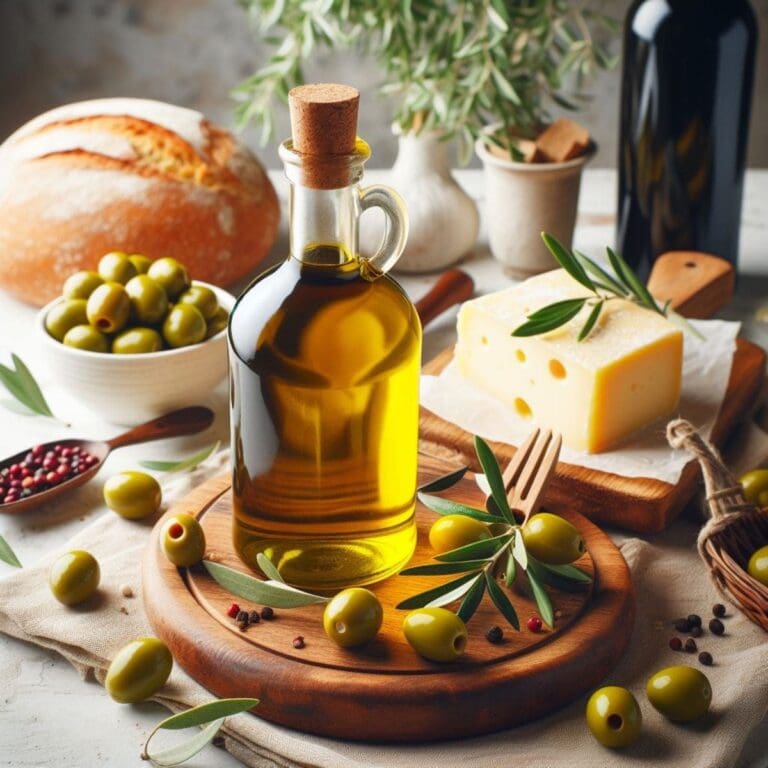 A bottle of olive oil sits on a wooden cutting board.