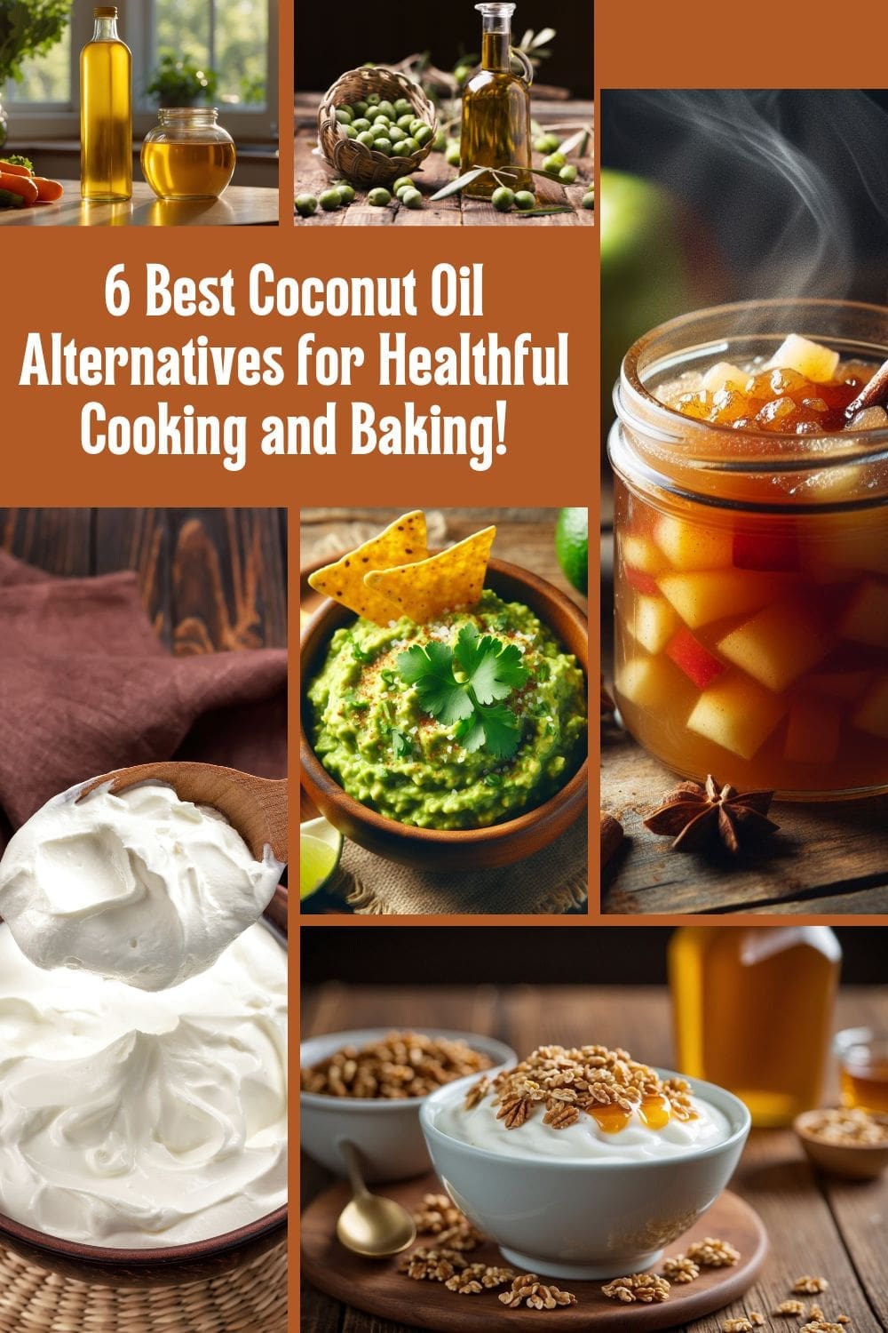 A collage of coconut oil alternatives, includes vegetable oil, olive oil, applesauce, avocado, sour cream and greek yogurt.