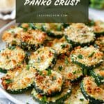 A close-up photo of a plate of baked cheesy zucchini with panko crust.
