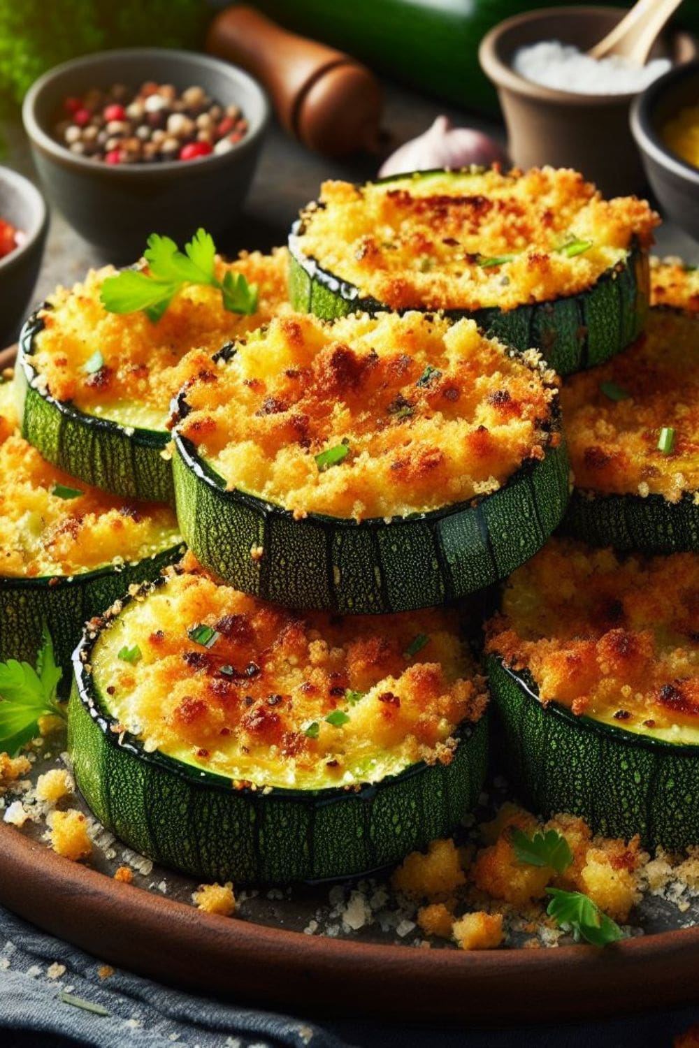 A close-up photo of a plate filled with golden brown, round baked cheesy zucchini with panko crust. 