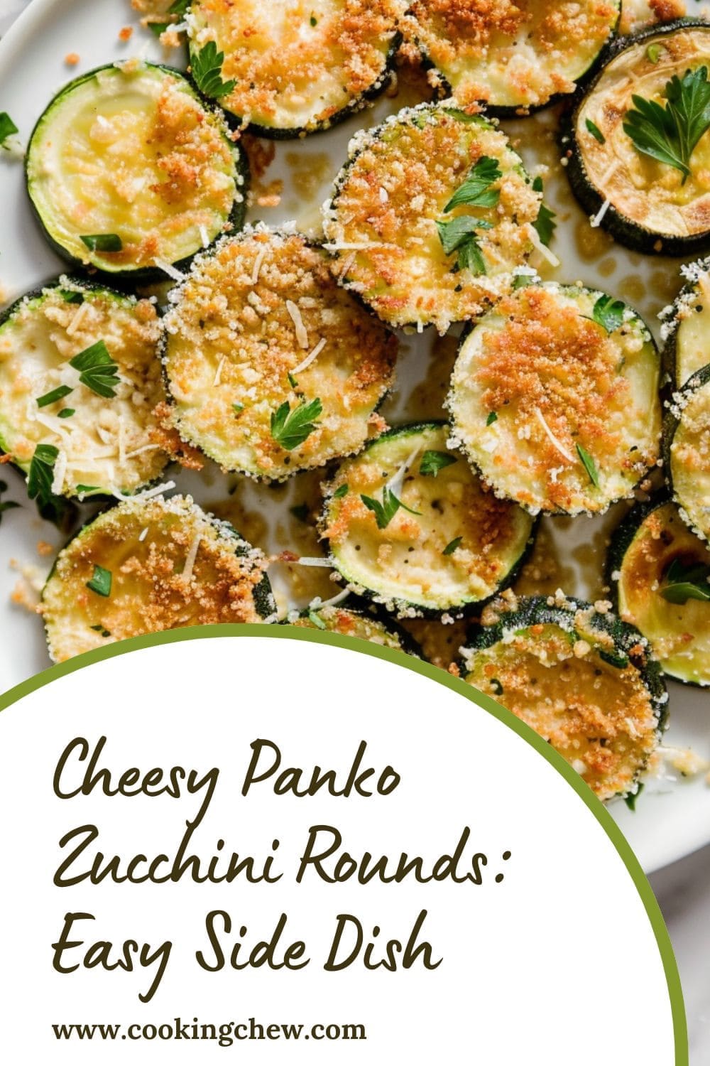 A close-up photo of a plate filled with golden brown, round baked cheesy zucchini with panko crust. 