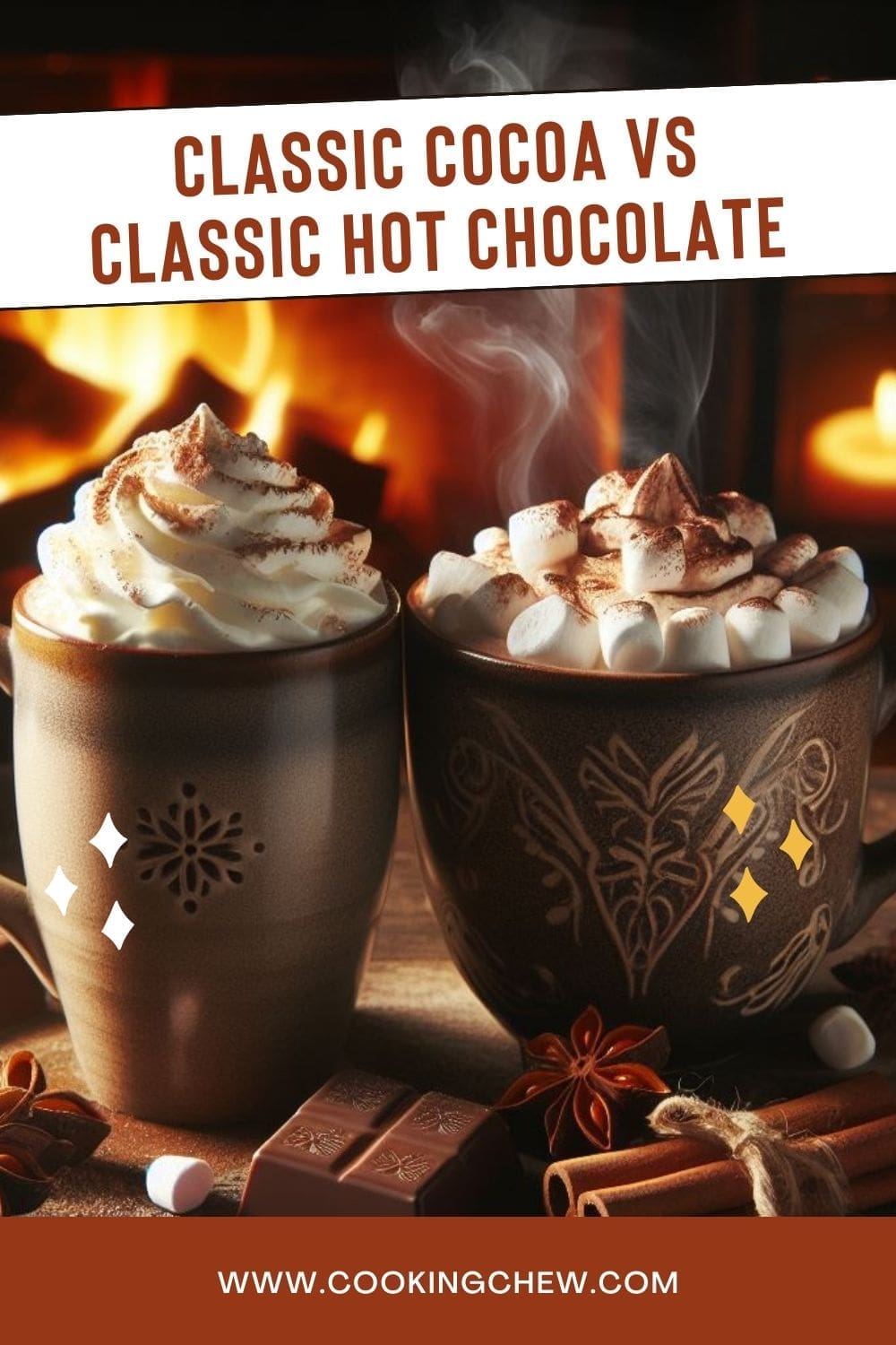 Two mugs of hot cocoa and hot chocolate topped with whipped cream and marshmallows.