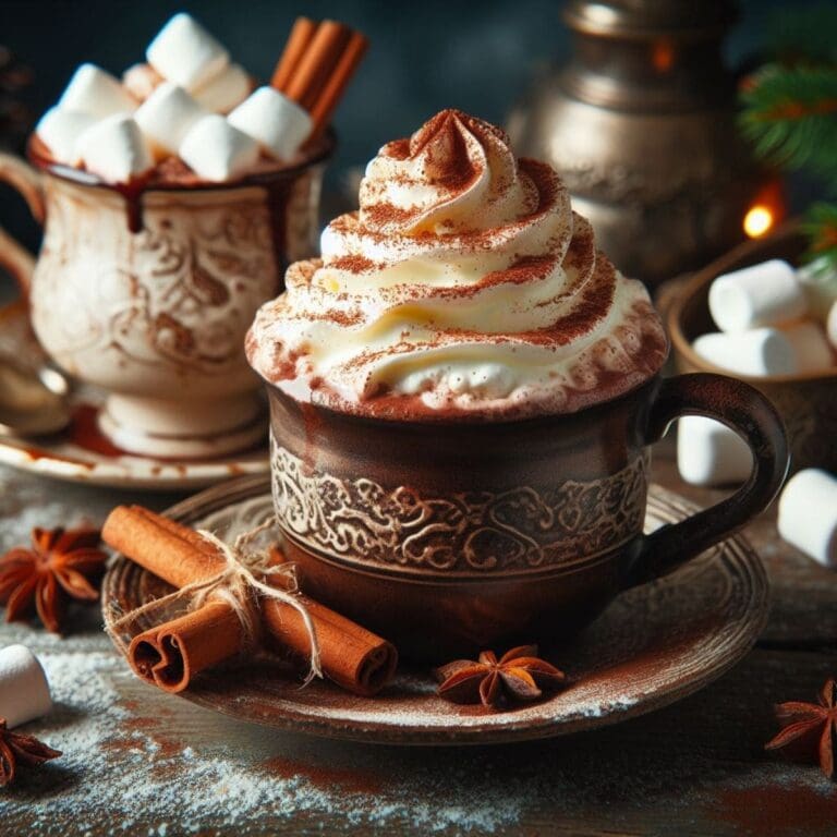 A mug of hot chocolate topped with fluffy whipped cream sits on a brown wooden table.