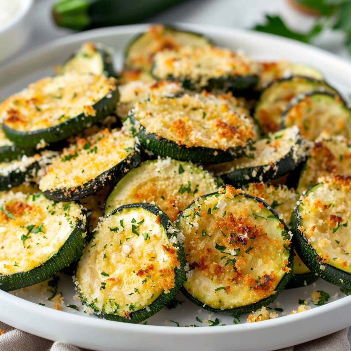 A plate of fried zucchini rounds with a crispy, panko breadcrumb coating.