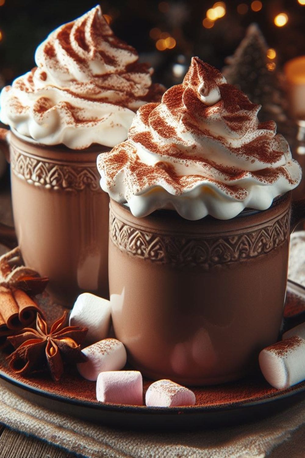 Two mugs of hot cocoa with whipped cream and marshmallows on a plate.