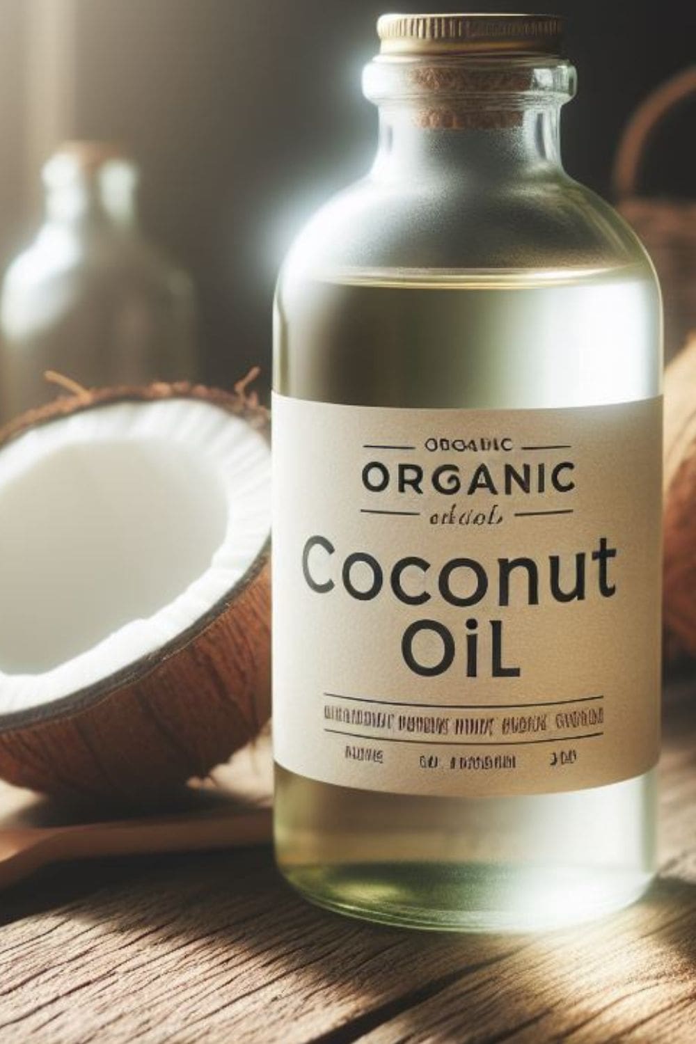 A clear glass bottle labeled "ORGANIC Coconut OIL" sits on a wooden table next to a whole brown coconut.
