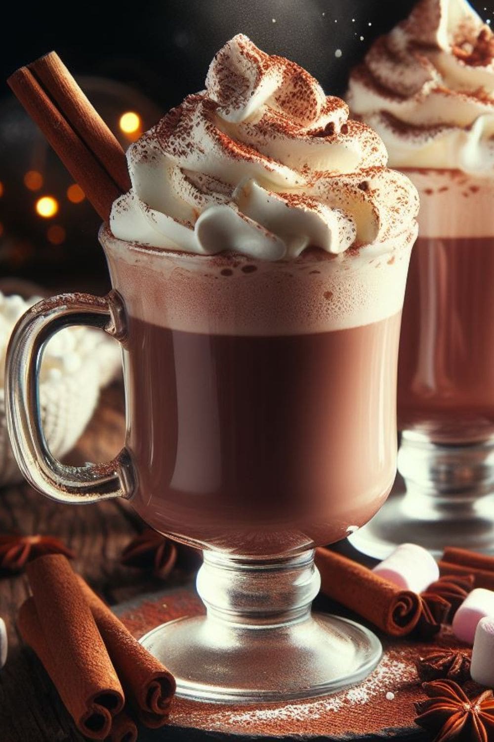 A mug of hot chocolate is topped with whipped cream and cinnamon sticks.