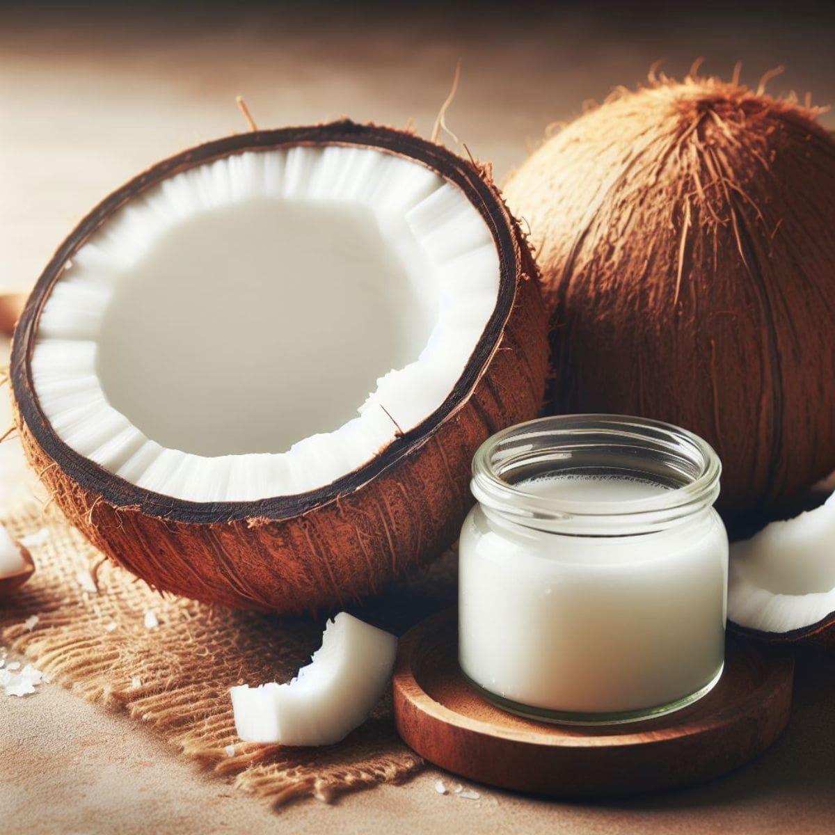 A jar of coconut oil sits on a wooden table next to two brown coconuts.