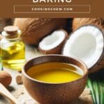 A wooden bowl filled with coconut oil sits on a light colored table.