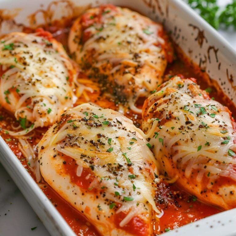 A close-up of a casserole dish filled with cooked chicken breasts in a tomato sauce. The chicken is topped with melted mozzarella cheese.