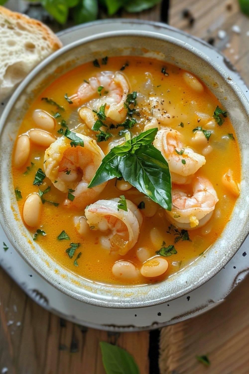 A hearty bowl of lemony shrimp and white bean soup, steaming with delicious aroma, sits on a wooden table.