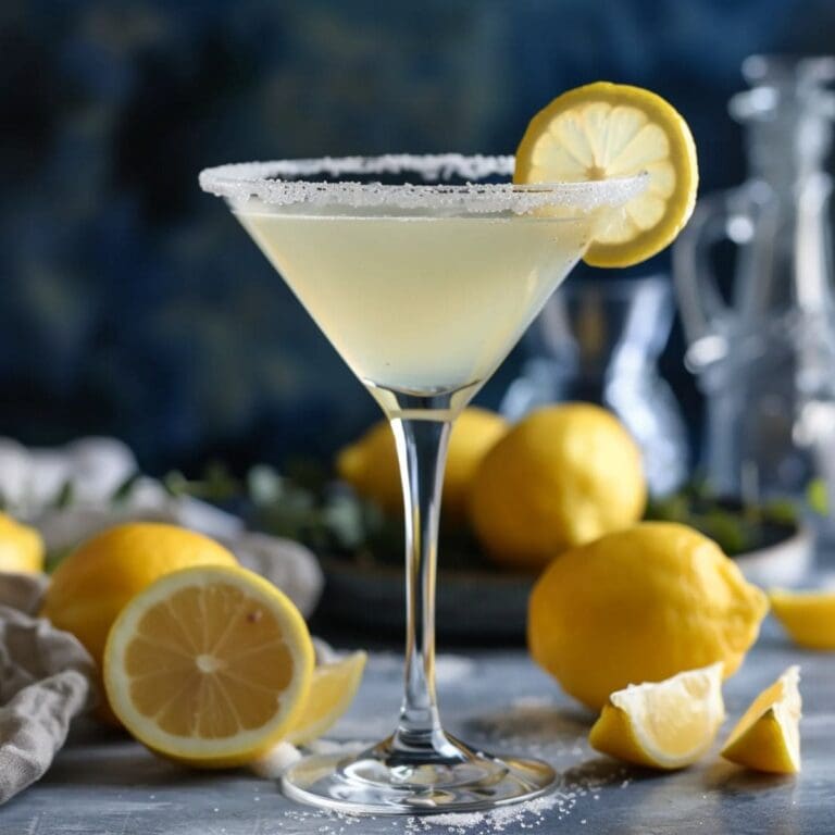 A close-up of a martini glass filled with a yellow lemon drop martini.