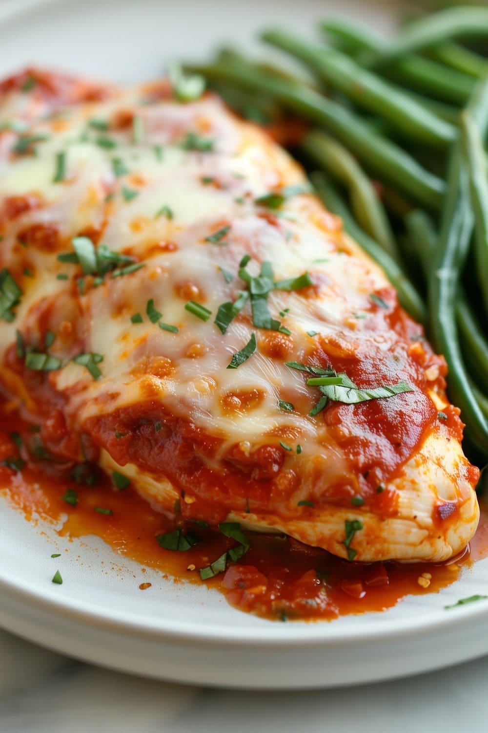 A white plate dish filled with a chicken dish. The chicken is covered in a red sauce and melted mozzarella cheese.