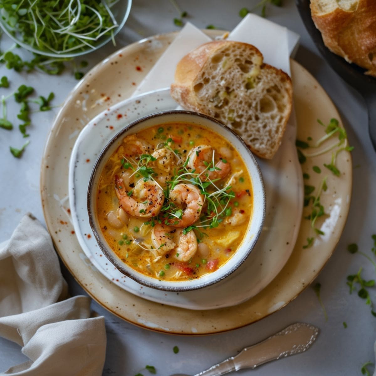 A white bowl filled with shrimp soup with lemon and white bean sits on a white plate. A crusty roll sits next to the bowl on the plate.