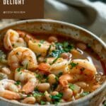 A white bowl filled with lemony shrimp and white bean soup sits on a wooden table.