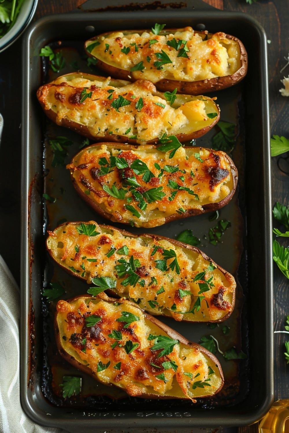 A baking plate filled with cheesy loaded twice-baked fingerling potatoes.