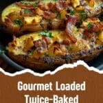 A plate heaped with loaded twice-baked fingerling potatoes.