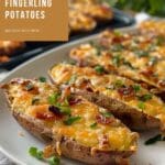 A plate heaped with loaded twice-baked fingerling potatoes.
