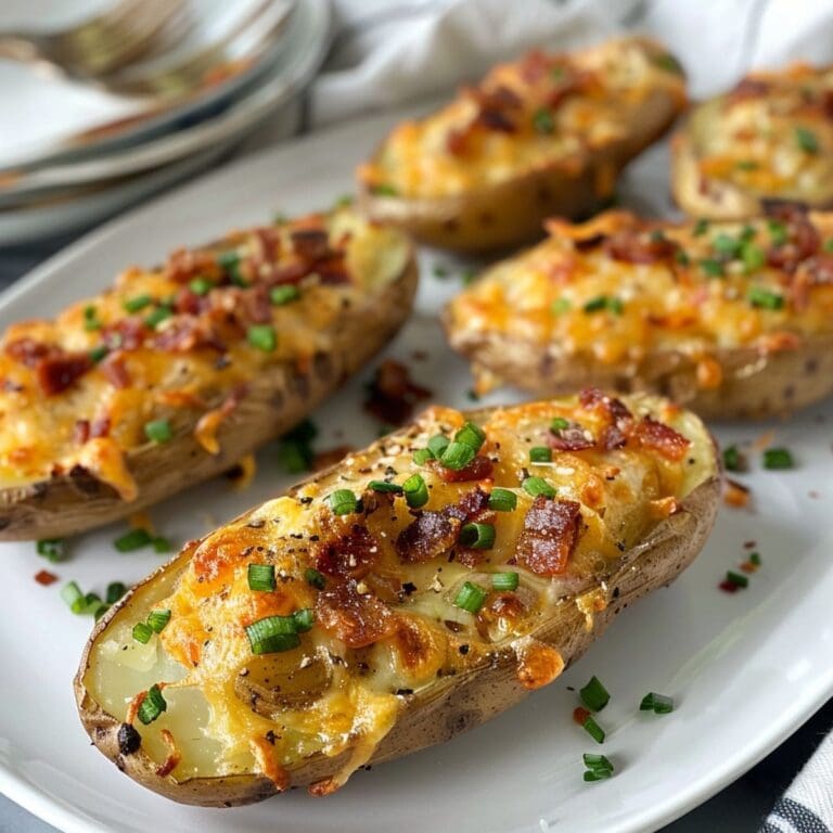 A plate heaped with five twice-baked fingerling potatoes.