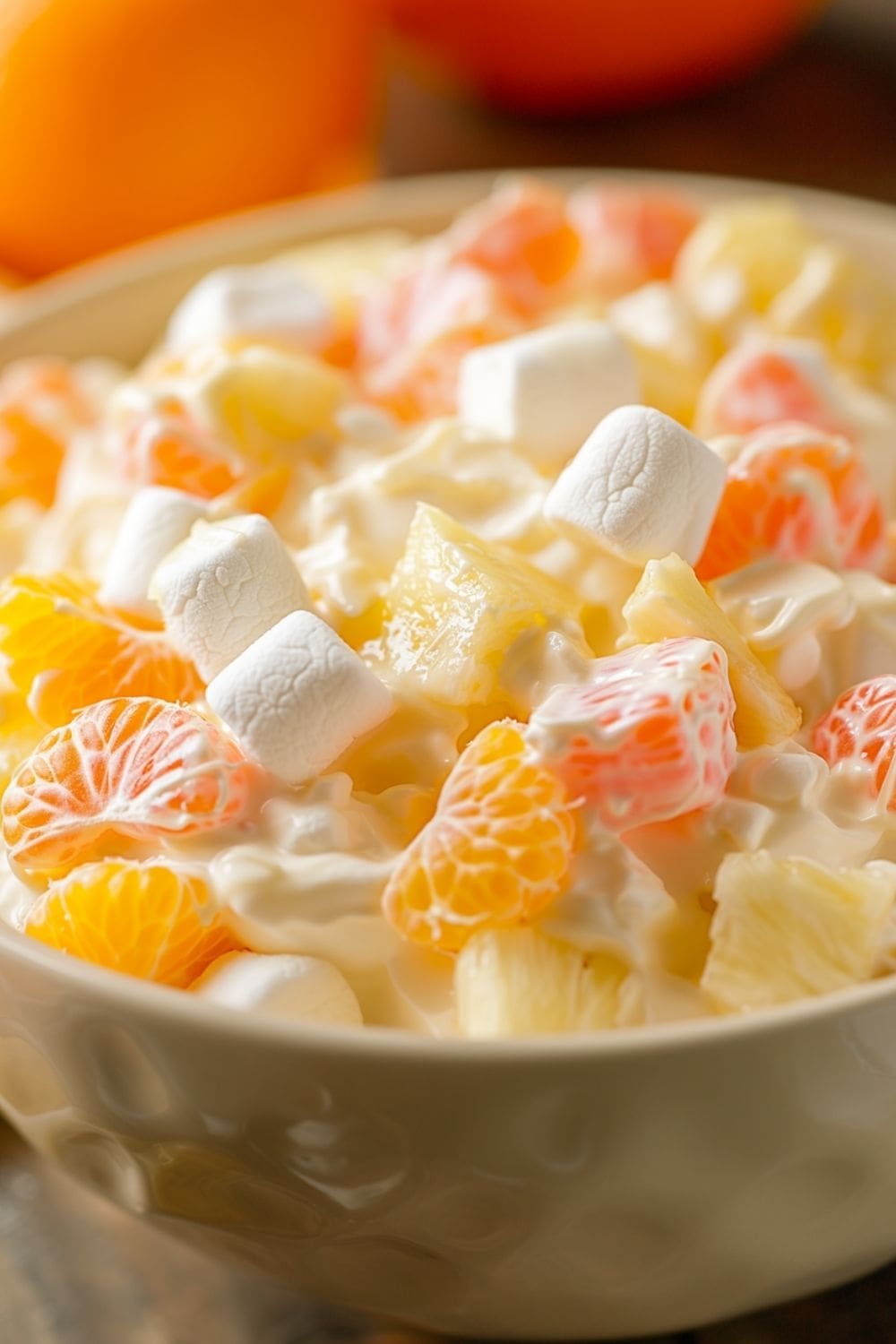 A bowl of Hawaiian fruit salad with marshmallows, perfect for a refreshing tropical dessert.